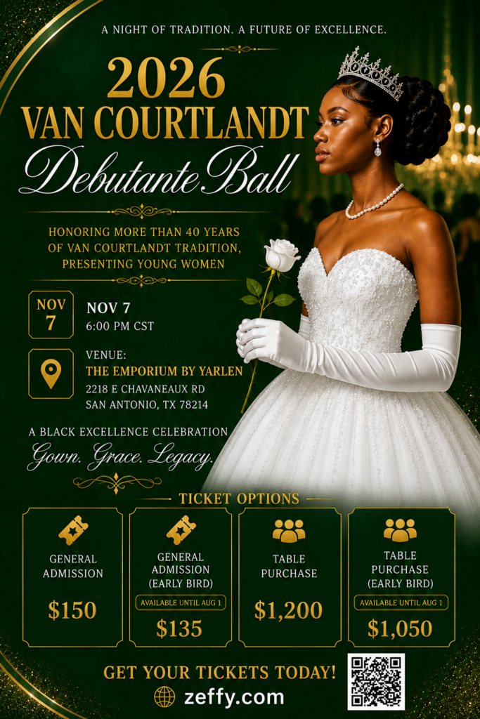 2026 Van Courtlandt Debutante Ball — a young woman in a white ball gown wearing a tiara and holding a white rose